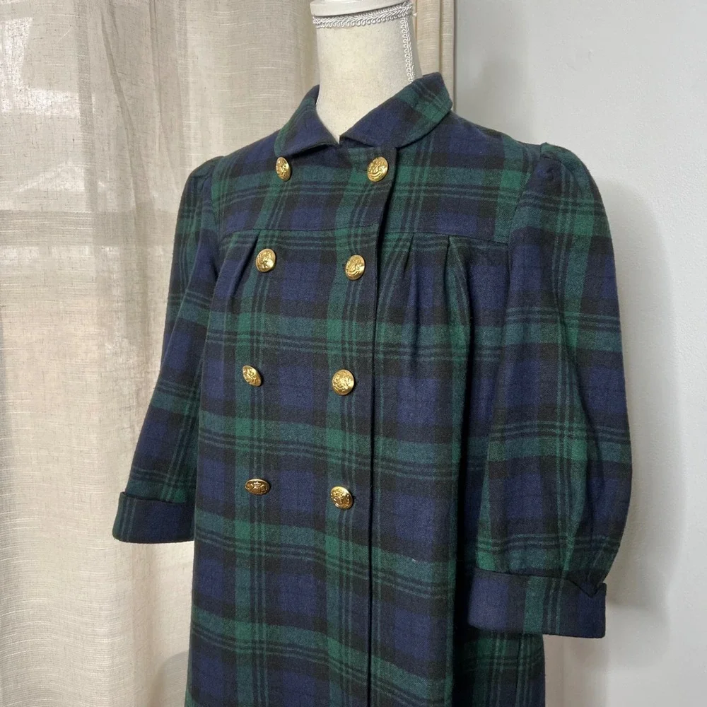Y2K Vintage Betsey Johnson Plaid Wool Jacket 3/4 Sleeves Green USA Women's 6‎